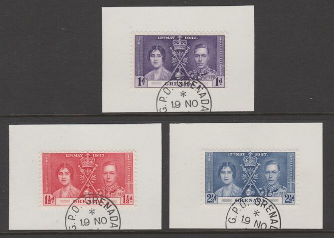 Grenada 1937 KG6 Coronation set of 3 each on individual piece cancelled with part strike of Madame Joseph forged postmark type 201, stamps on , stamps on  stamps on coronation, stamps on  stamps on  kg6 , stamps on  stamps on forgeries