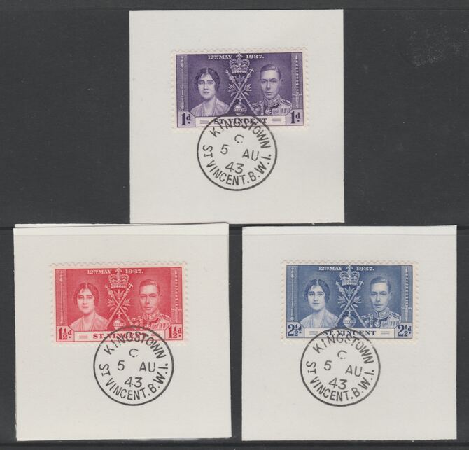 St Vincent 1937 KG6 Coronation set of 3 each on individual piece cancelled with full strike of Madame Joseph forged postmark type 372, stamps on coronation, stamps on  kg6 , stamps on forgeries