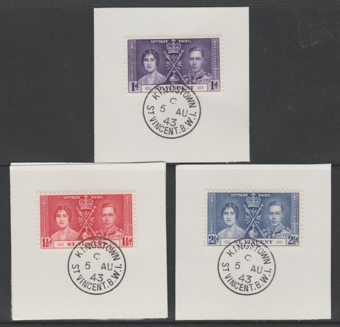 St Vincent 1937 KG6 Coronation set of 3 each on individual piece cancelled with full strike of Madame Joseph forged postmark type 372, stamps on , stamps on  stamps on coronation, stamps on  stamps on  kg6 , stamps on  stamps on forgeries