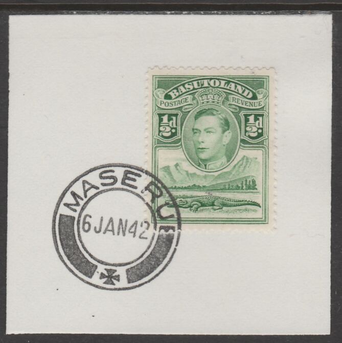 Basutoland 1938 KG6 Nile Crocodile 1/2d on piece cancelled with full strike of Madame Joseph forged postmark type 53, stamps on , stamps on  stamps on crocodiles, stamps on  stamps on reptiles, stamps on  stamps on  kg6 , stamps on  stamps on forgeries