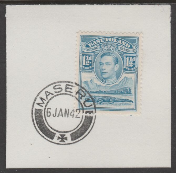 Basutoland 1938 KG6 Nile Crocodile 1.5d on piece cancelled with full strike of Madame Joseph forged postmark type 53, stamps on , stamps on  stamps on crocodiles, stamps on  stamps on reptiles, stamps on  stamps on  kg6 , stamps on  stamps on forgeries