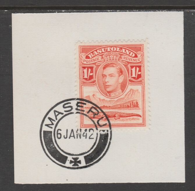 Basutoland 1938 KG6 Nile Crocodile 1s on piece cancelled with full strike of Madame Joseph forged postmark type 53, stamps on crocodiles, stamps on reptiles, stamps on  kg6 , stamps on forgeries