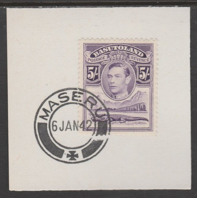 Basutoland 1938 KG6 Nile Crocodile 5s on piece cancelled with full strike of Madame Joseph forged postmark type 53, stamps on crocodiles, stamps on reptiles, stamps on  kg6 , stamps on forgeries
