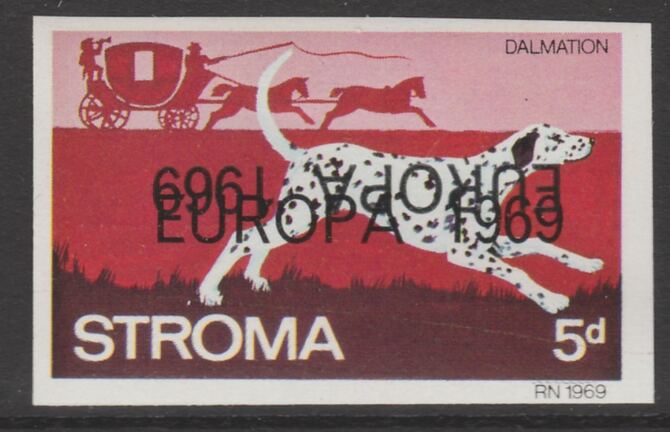 Stroma 1969 Dogs - Dalmation 5d imperf single with EUROPA 1969 overprint doubled, one inverted unmounted mint, stamps on europa, stamps on dogs, stamps on dalmation