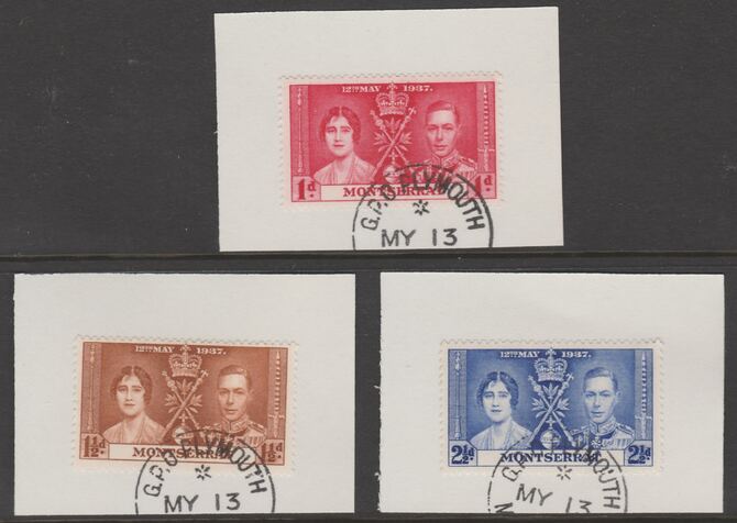 Montserrat 1937 KG6 Coronation set of 3 each on individual piece cancelled with full strike of Madame Joseph forged postmark type 263, stamps on coronation, stamps on  kg6 , stamps on forgeries