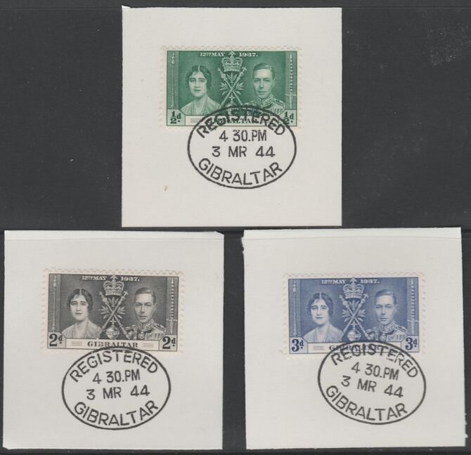 Gibraltar 1937 KG6 Coronation set of 3 each on individual piece cancelled with full strike of Madame Joseph forged postmark type 185, stamps on coronation, stamps on  kg6 , stamps on forgeries