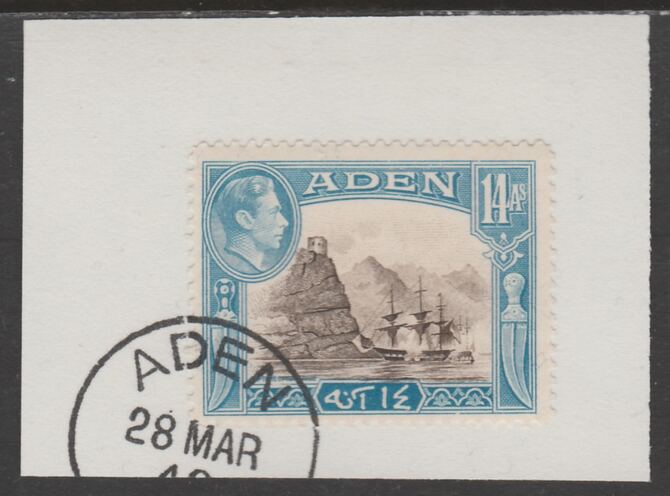 Aden 1939-48 KG6 Capture of Aden 14a sepia & light blue on piece with part strike of Madame Joseph forged postmark type 3, stamps on , stamps on  stamps on , stamps on  stamps on  kg6 , stamps on  stamps on ships