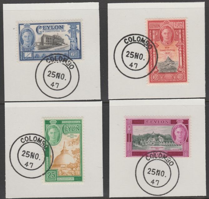 Ceylon 1947 Inauguration set of 4 each on individual piece cancelled with full strike of Madame Joseph forged postmark type 122, stamps on , stamps on  stamps on , stamps on  stamps on  kg6 , stamps on  stamps on forgeries