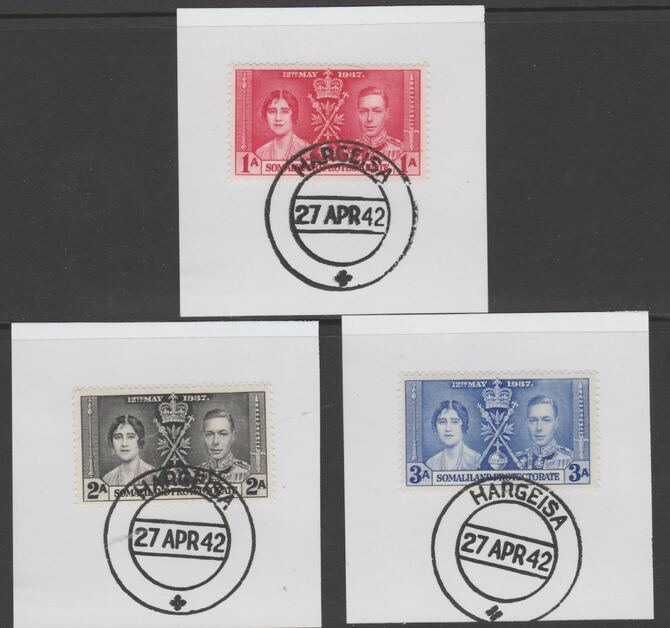 Somaliland 1937 KG6 Coronation set of 3 each on individual piece cancelled with full strike of Madame Joseph forged postmark type 103, stamps on coronation, stamps on  kg6 , stamps on forgeries