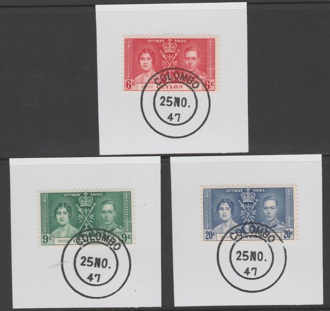 Ceylon 1937 KG6 Coronation set of 3 each on individual piece cancelled with full strike of Madame Joseph forged postmark type 122, stamps on coronation, stamps on  kg6 , stamps on forgeries
