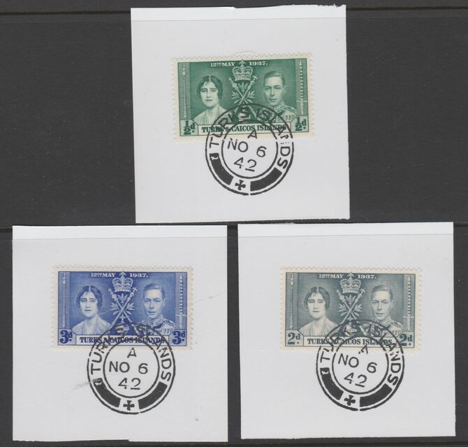 Turks & Caicos Islands 1937 KG6 Coronation set of 3 each on individual piece cancelled with full strike of Madame Joseph forged postmark type 427, stamps on , stamps on  stamps on coronation, stamps on  stamps on  kg6 , stamps on  stamps on forgeries