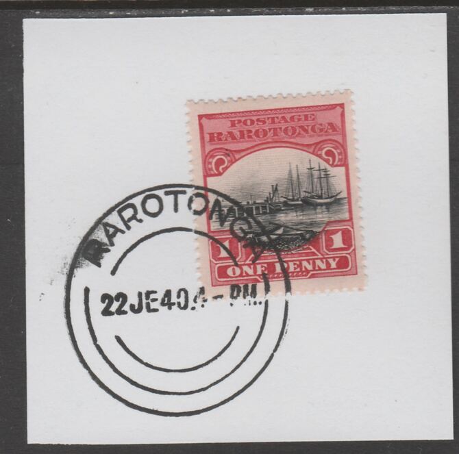 Cook Islands 1920 Rarotonga 1d Wharf on piece cancelled with full strike of Madame Joseph forged postmark type 127, stamps on , stamps on  kg5 , stamps on forgeries