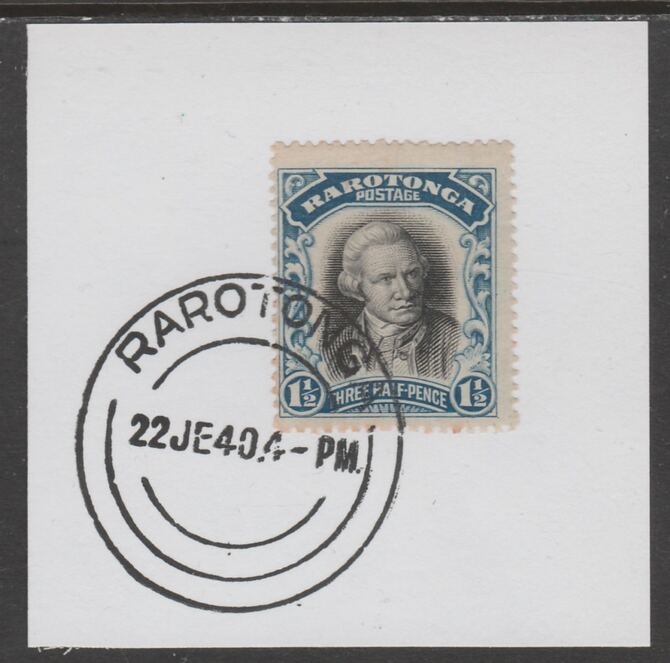 Cook Islands 1920 Rarotonga 1.5d Capt Cook on piece cancelled with full strike of Madame Joseph forged postmark type 127, stamps on explorers, stamps on cook, stamps on  kg5 , stamps on forgeries