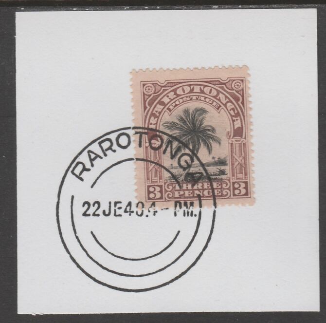 Cook Islands 1920 Rarotonga 3d Palm Tree on piece cancelled with full strike of Madame Joseph forged postmark type 127, stamps on , stamps on  kg5 , stamps on forgeries, stamps on trees
