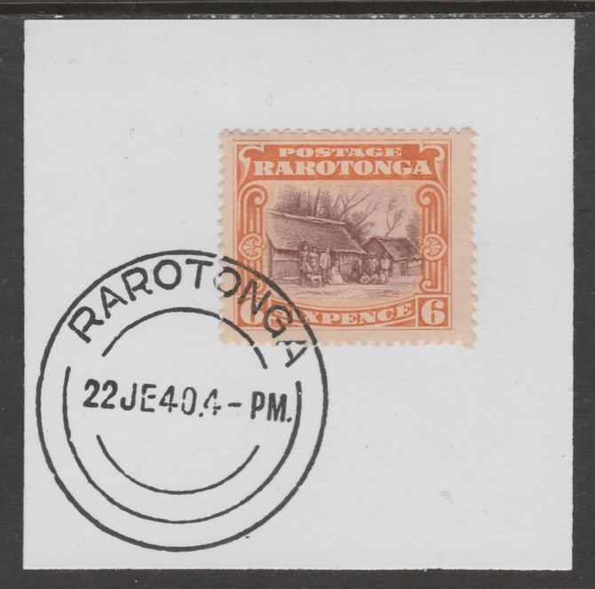 Cook Islands 1920 Rarotonga 6d Huts on piece cancelled with full strike of Madame Joseph forged postmark type 127, stamps on , stamps on  stamps on , stamps on  stamps on  kg3 , stamps on  stamps on forgeries, stamps on  stamps on huts