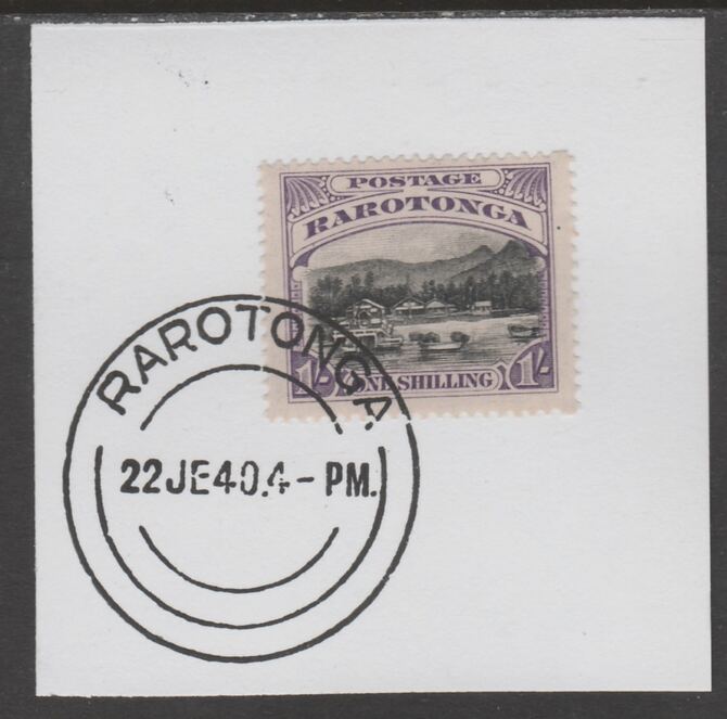 Cook Islands 1920 Rarotonga 1s Avarua Harbour on piece cancelled with full strike of Madame Joseph forged postmark type 127, stamps on , stamps on  kg5 , stamps on forgeries, stamps on harbours