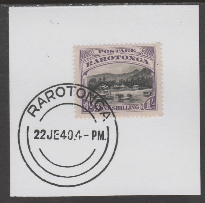 Cook Islands 1920 Rarotonga 1s Avarua Harbour on piece cancelled with full strike of Madame Joseph forged postmark type 127, stamps on , stamps on  stamps on , stamps on  stamps on  kg3 , stamps on  stamps on forgeries, stamps on  stamps on harbours