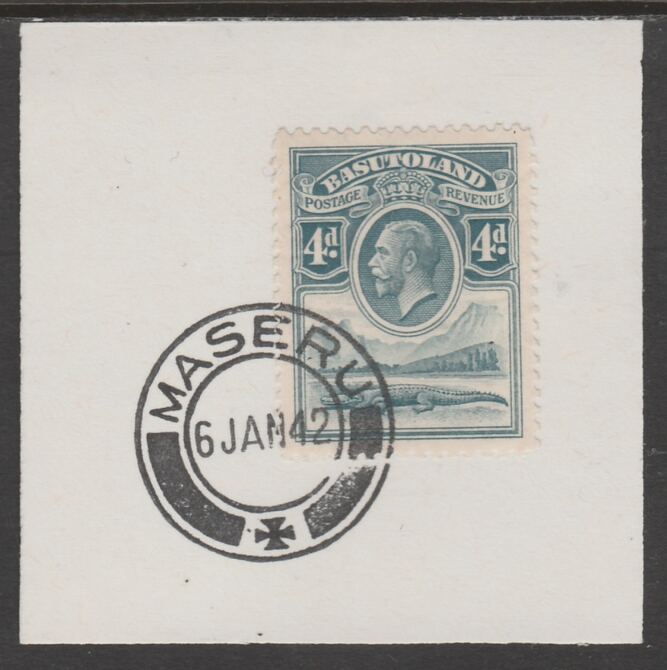 Basutoland 1933 KG5 Nile Crocodile 4d on piece cancelled with full strike of Madame Joseph forged postmark type 53, stamps on crocodiles, stamps on reptiles, stamps on  kg5 , stamps on forgeries