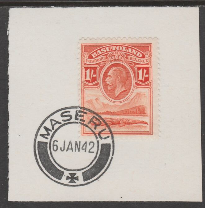 Basutoland 1933 KG5 Nile Crocodile 1s on piece cancelled with full strike of Madame Joseph forged postmark type 53, stamps on crocodiles, stamps on reptiles, stamps on  kg5 , stamps on forgeries