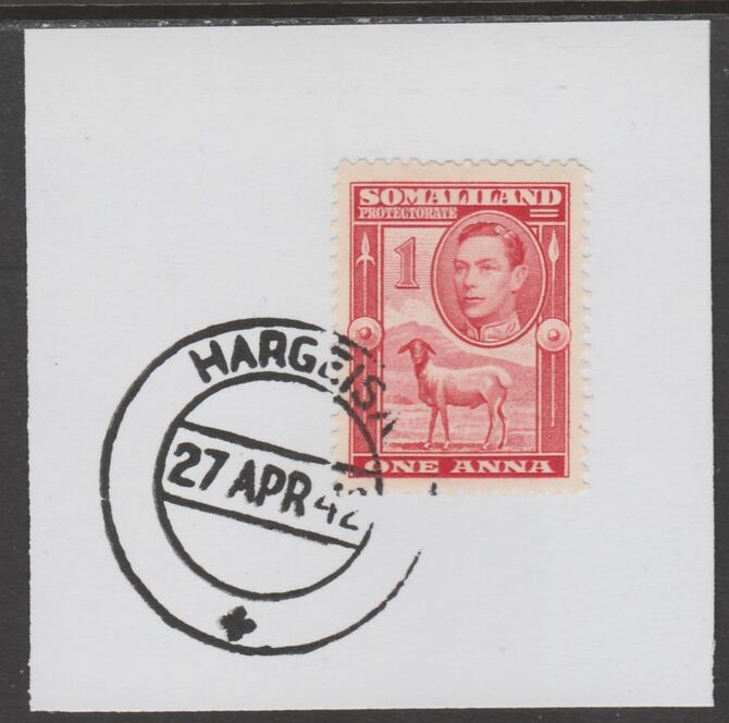 Somaliland 1938 KG6 Side Face 1a on piece cancelled with full strike of Madame Joseph forged postmark type 103, stamps on , stamps on  kg6 , stamps on forgeries, stamps on sheep, stamps on ovine