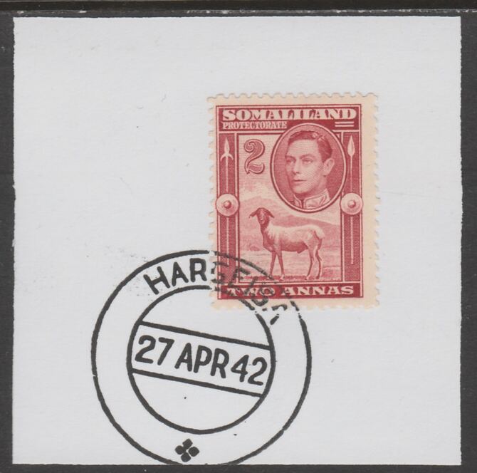 Somaliland 1938 KG6 Side Face 2a on piece cancelled with full strike of Madame Joseph forged postmark type 103, stamps on , stamps on  kg6 , stamps on forgeries, stamps on sheep, stamps on ovine