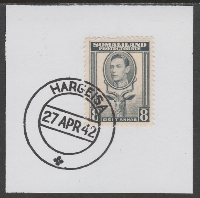 Somaliland 1938 KG6 Side Face 8a on piece cancelled with full strike of Madame Joseph forged postmark type 103, stamps on , stamps on  kg6 , stamps on forgeries, stamps on kudu