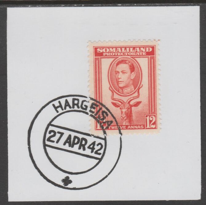 Somaliland 1938 KG6 Side Face 12a on piece cancelled with full strike of Madame Joseph forged postmark type 103, stamps on , stamps on  stamps on , stamps on  stamps on  kg6 , stamps on  stamps on forgeries, stamps on  stamps on kudu