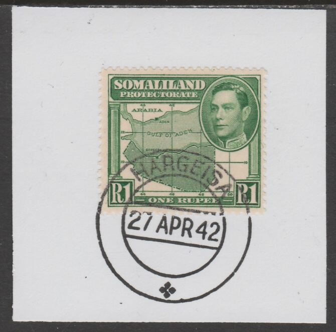 Somaliland 1938 KG6 Side Face 1r on piece cancelled with full strike of Madame Joseph forged postmark type 103, stamps on , stamps on  kg6 , stamps on forgeries, stamps on maps