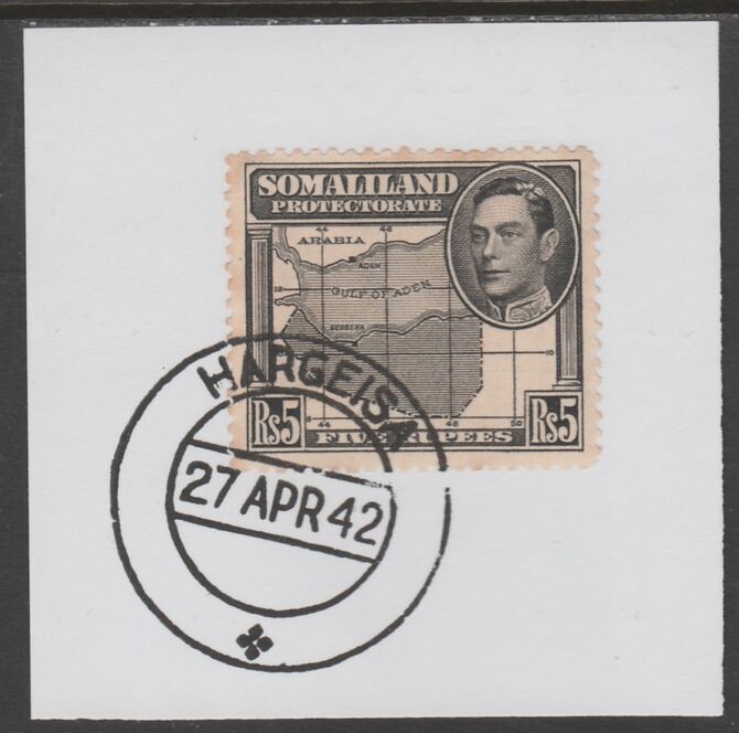 Somaliland 1938 KG6 Side Face 5r on piece cancelled with full strike of Madame Joseph forged postmark type 103, stamps on , stamps on  stamps on , stamps on  stamps on  kg6 , stamps on  stamps on forgeries, stamps on  stamps on maps