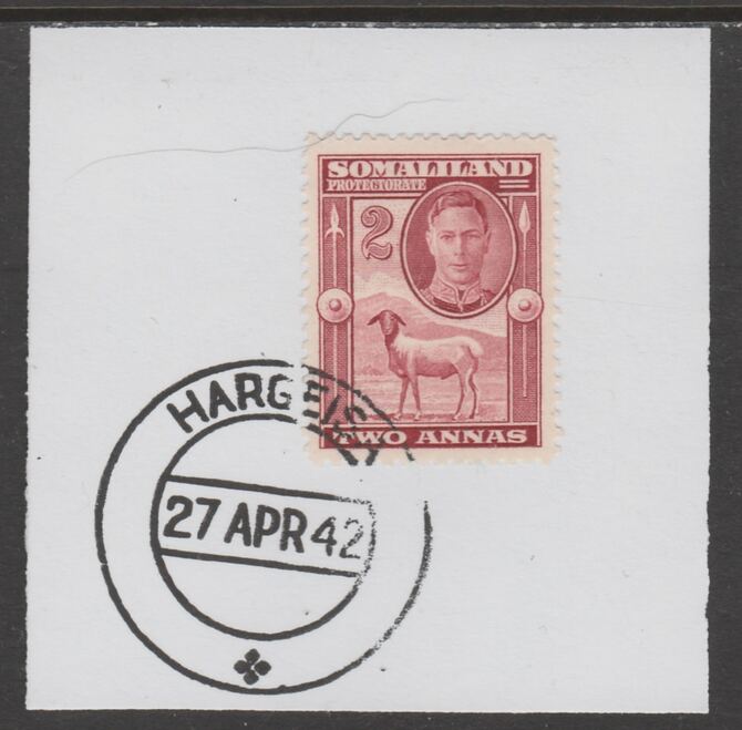 Somaliland 1942 KG6 Full Face 2a on piece cancelled with full strike of Madame Joseph forged postmark type 103, stamps on , stamps on  kg6 , stamps on forgeries, stamps on sheep, stamps on ovine
