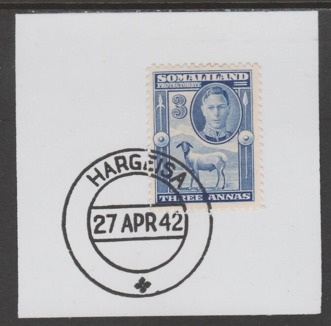 Somaliland 1942 KG6 Full Face 3a on piece cancelled with full strike of Madame Joseph forged postmark type 103, stamps on , stamps on  kg6 , stamps on forgeries, stamps on sheep, stamps on ovine