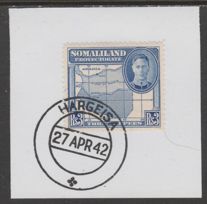 Somaliland 1942 KG6 Full Face 3r on piece cancelled with full strike of Madame Joseph forged postmark type 103, stamps on , stamps on  stamps on , stamps on  stamps on  kg6 , stamps on  stamps on forgeries, stamps on  stamps on maps