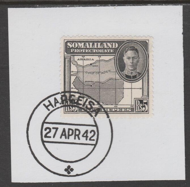 Somaliland 1942 KG6 Full Face 5r on piece cancelled with full strike of Madame Joseph forged postmark type 103, stamps on , stamps on  kg6 , stamps on forgeries, stamps on maps