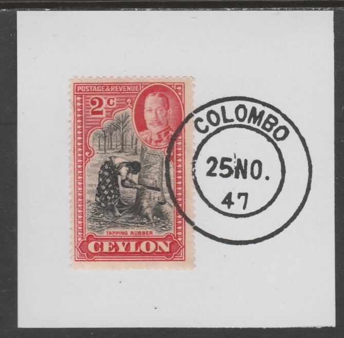 Ceylon 1935-36 KG5 Pictorial 2c Tapping Rubber on piece cancelled with full strike of Madame Joseph forged postmark type 122, stamps on , stamps on  kg5 , stamps on forgeries, stamps on rubber, stamps on trees