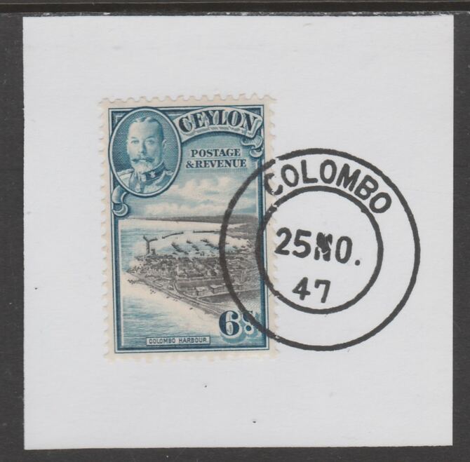 Ceylon 1935-36 KG5 Pictorial 6c Colombo Harbour on piece cancelled with full strike of Madame Joseph forged postmark type 122, stamps on , stamps on  kg5 , stamps on forgeries, stamps on harbours