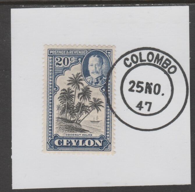 Ceylon 1935-36 KG5 Pictorial 25c Temple on piece cancelled with full strike of Madame Joseph forged postmark type 122, stamps on , stamps on  kg5 , stamps on forgeries, stamps on temple, stamps on relogion