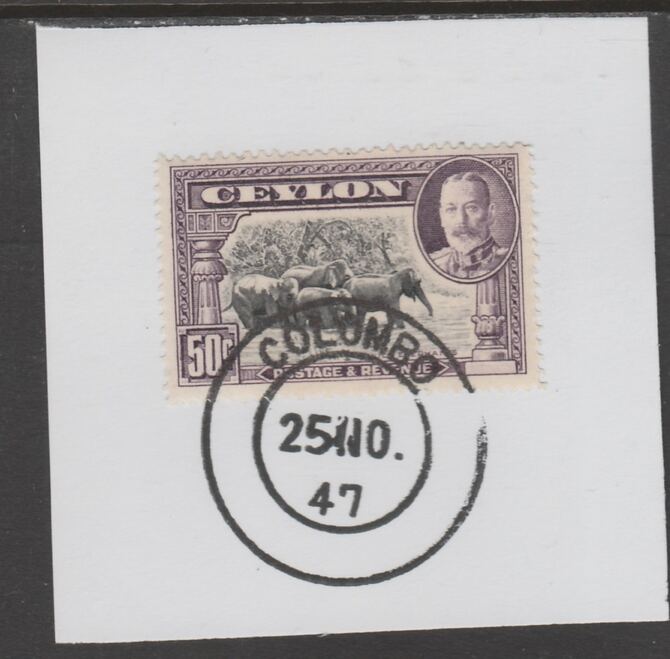 Ceylon 1935-36 KG5 Pictorial 50c Wild Elephants on piece cancelled with full strike of Madame Joseph forged postmark type 122, stamps on , stamps on  kg5 , stamps on forgeries, stamps on elephants