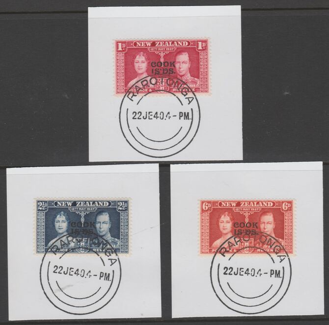 Cook Islands 1937 KG6 Coronation set of 3 each on individual piece cancelled with full strike of Madame Joseph forged postmark type 127, stamps on coronation, stamps on  kg6 , stamps on forgeries