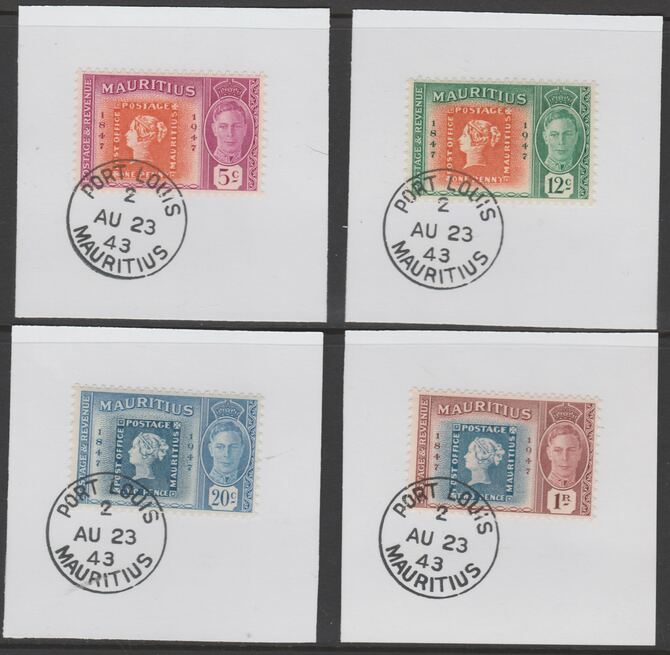 Mauritius 1948 KG6 Stamp Centenary set of 4 each on individual piece cancelled with full strike of Madame Joseph forged postmark type 255, stamps on stamp centenary, stamps on  kg6 , stamps on 