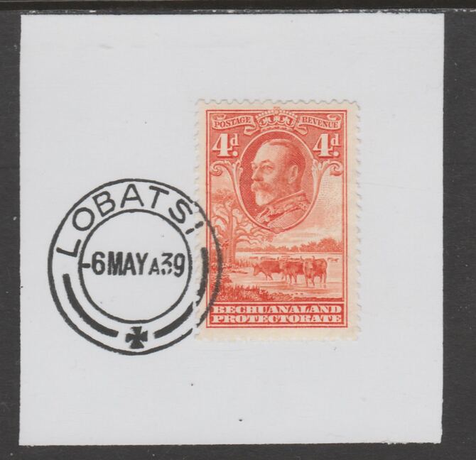 Bechuanaland 1932 KG5 Cattle 4d on piece cancelled with full strike of Madame Joseph forged postmark type 57, stamps on , stamps on  stamps on , stamps on  stamps on  kg5 , stamps on  stamps on forgeries, stamps on  stamps on cattle