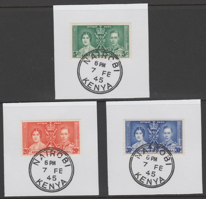 Kenya, Uganda & Tanganyika 1937 KG6 Coronation set of 3 each on individual piece cancelled with full strike of Madame Joseph forged postmark type 226, stamps on coronation, stamps on  kg6 , stamps on forgeries