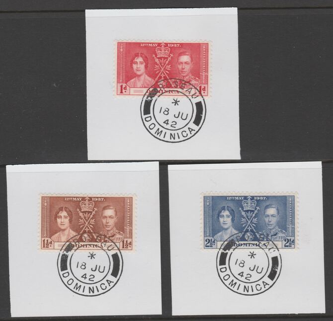 Dominica 1937 KG6 Coronation set of 3 each on individual piece cancelled with full strike of Madame Joseph forged postmark type 143, stamps on coronation, stamps on  kg6 , stamps on forgeries