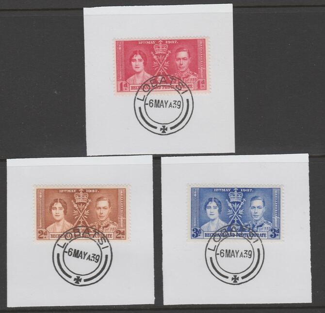 Bechuanaland 1937 KG6 Coronation set of 3 each on individual piece cancelled with full strike of Madame Joseph forged postmark type 143, stamps on coronation, stamps on  kg6 , stamps on forgeries