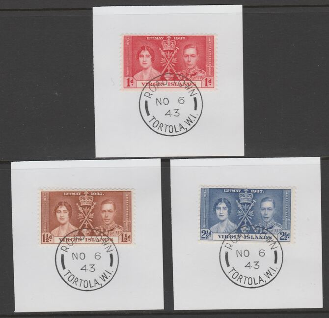 British Virgin Islands 1937 KG6 Coronation set of 3 each on individual piece cancelled with full strike of Madame Joseph forged postmark type 434, stamps on coronation, stamps on  kg6 , stamps on forgeries