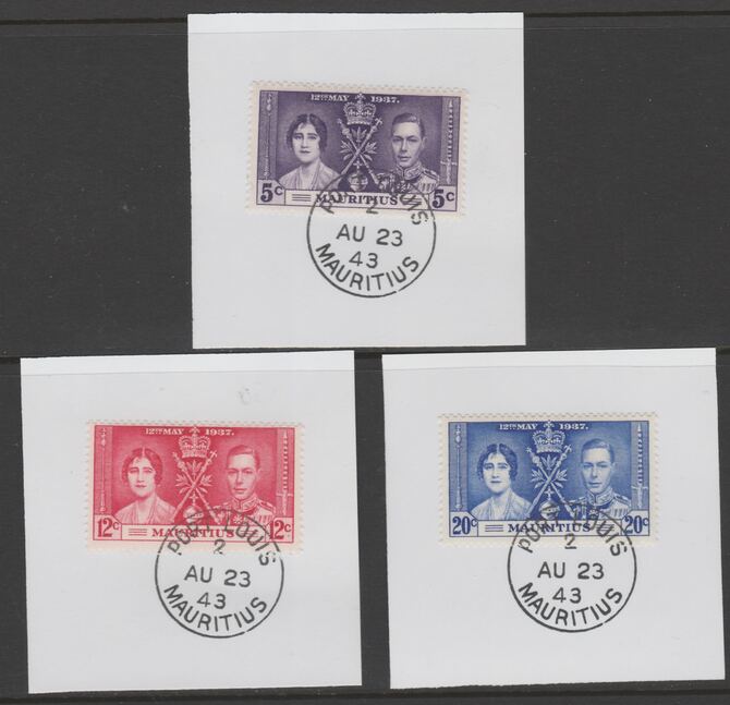 Mauritius 1937 KG6 Coronation set of 3 each on individual piece cancelled with full strike of Madame Joseph forged postmark type 255, stamps on coronation, stamps on  kg6 , stamps on forgeries
