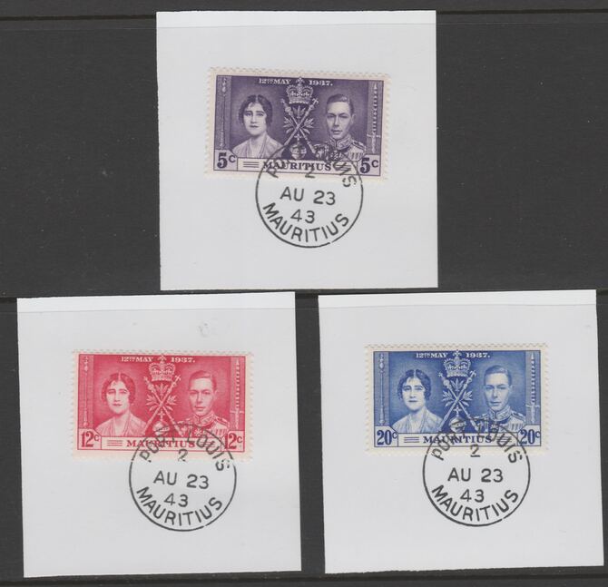 Mauritius 1937 KG6 Coronation set of 3 each on individual piece cancelled with full strike of Madame Joseph forged postmark type 255, stamps on , stamps on  stamps on coronation, stamps on  stamps on  kg6 , stamps on  stamps on forgeries