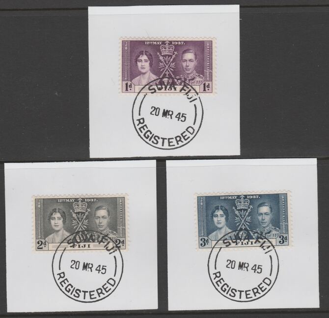 Fiji 1937 KG6 Coronation set of 3 each on individual piece cancelled with full strike of Madame Joseph forged postmark type 167, stamps on coronation, stamps on  kg6 , stamps on forgeries