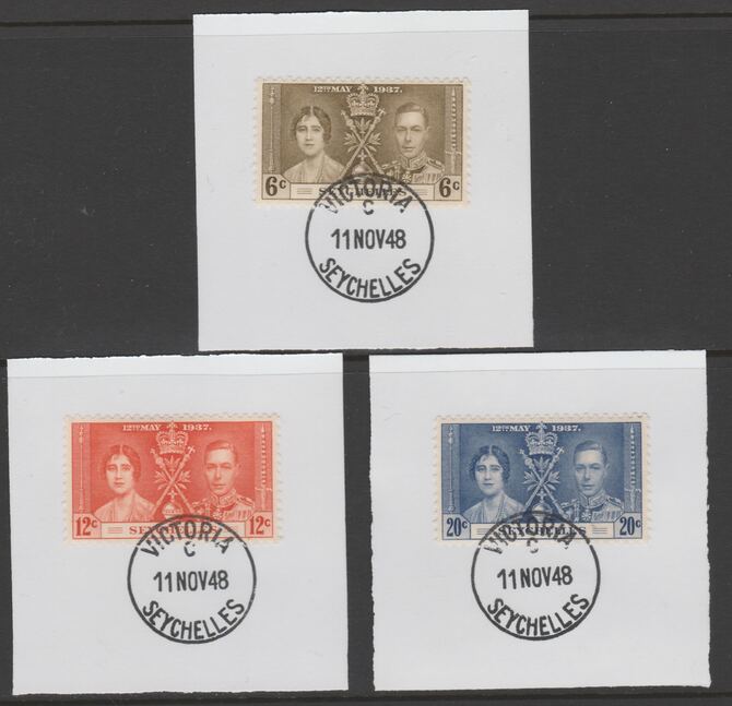 Seychelles 1937 KG6 Coronation set of 3 each on individual piece cancelled with full strike of Madame Joseph forged postmark type 389, stamps on , stamps on  stamps on coronation, stamps on  stamps on  kg6 , stamps on  stamps on forgeries