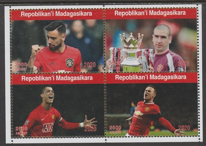 Madagascar 2020 Manchester United perf sheetlet containing 4 values unmounted mint. Note this item is privately produced and is offered purely on its thematic appeal, stamps on , stamps on  stamps on football, stamps on  stamps on manchester