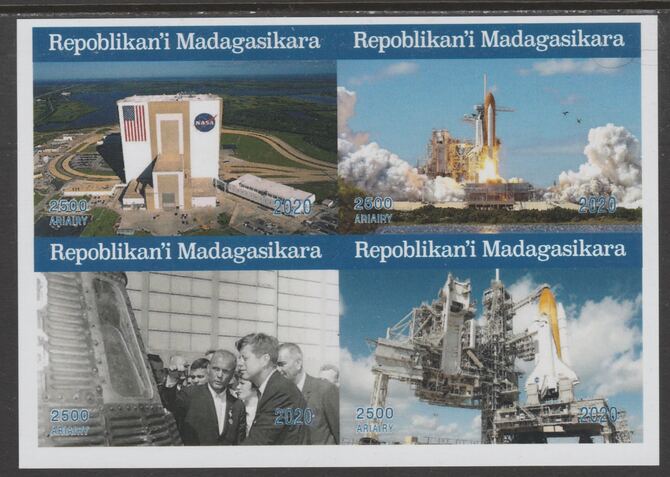 Madagascar 2020 Kennedy Space Centre imperf sheetlet containing 4 values unmounted mint. Note this item is privately produced and is offered purely on its thematic appeal, stamps on , stamps on  stamps on nasa, stamps on  stamps on space, stamps on  stamps on kennedy, stamps on  stamps on shuttle